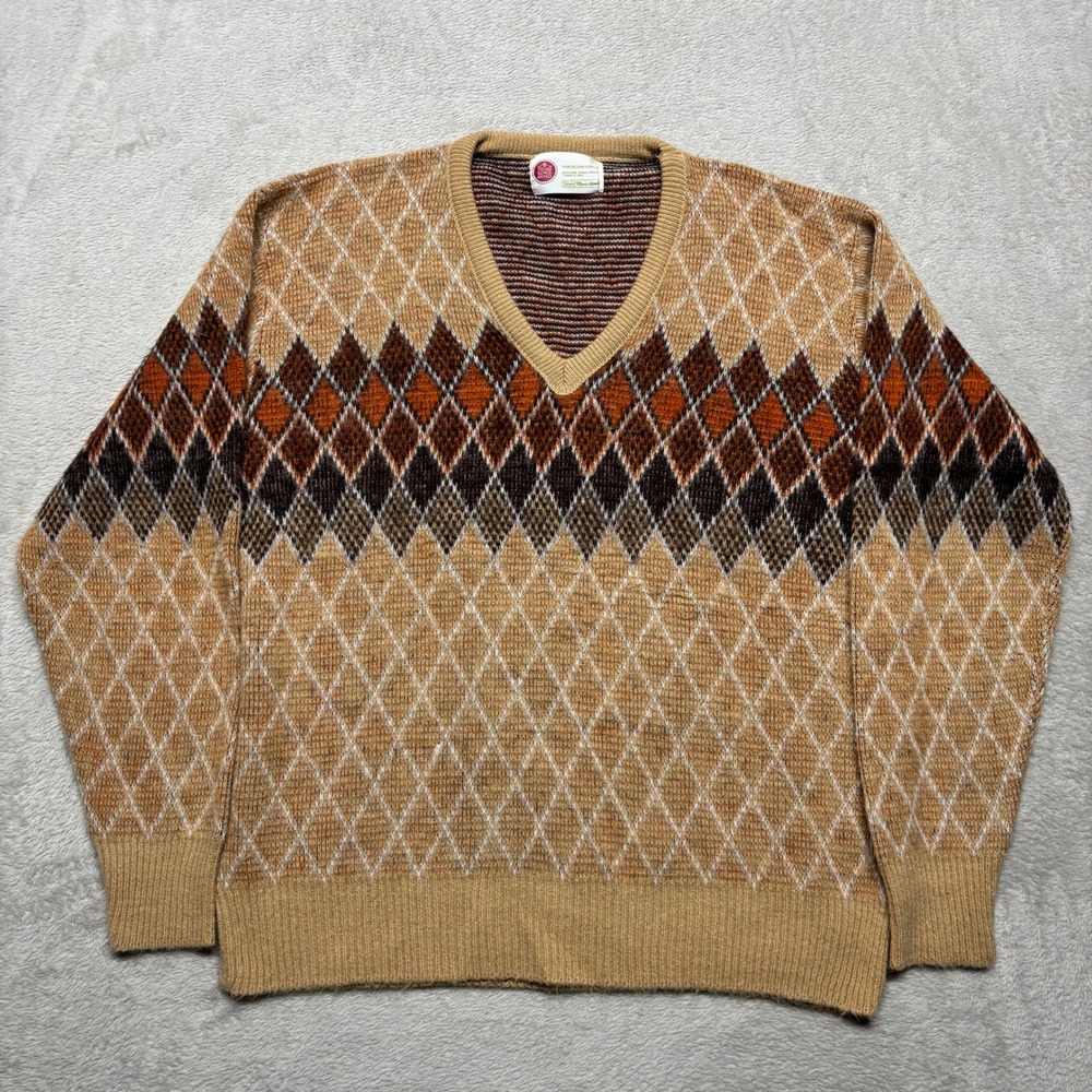 VTG 70s Sears Kings Road Sweater Mens M Argyle Tan V-Neck Orlon Acrylic
